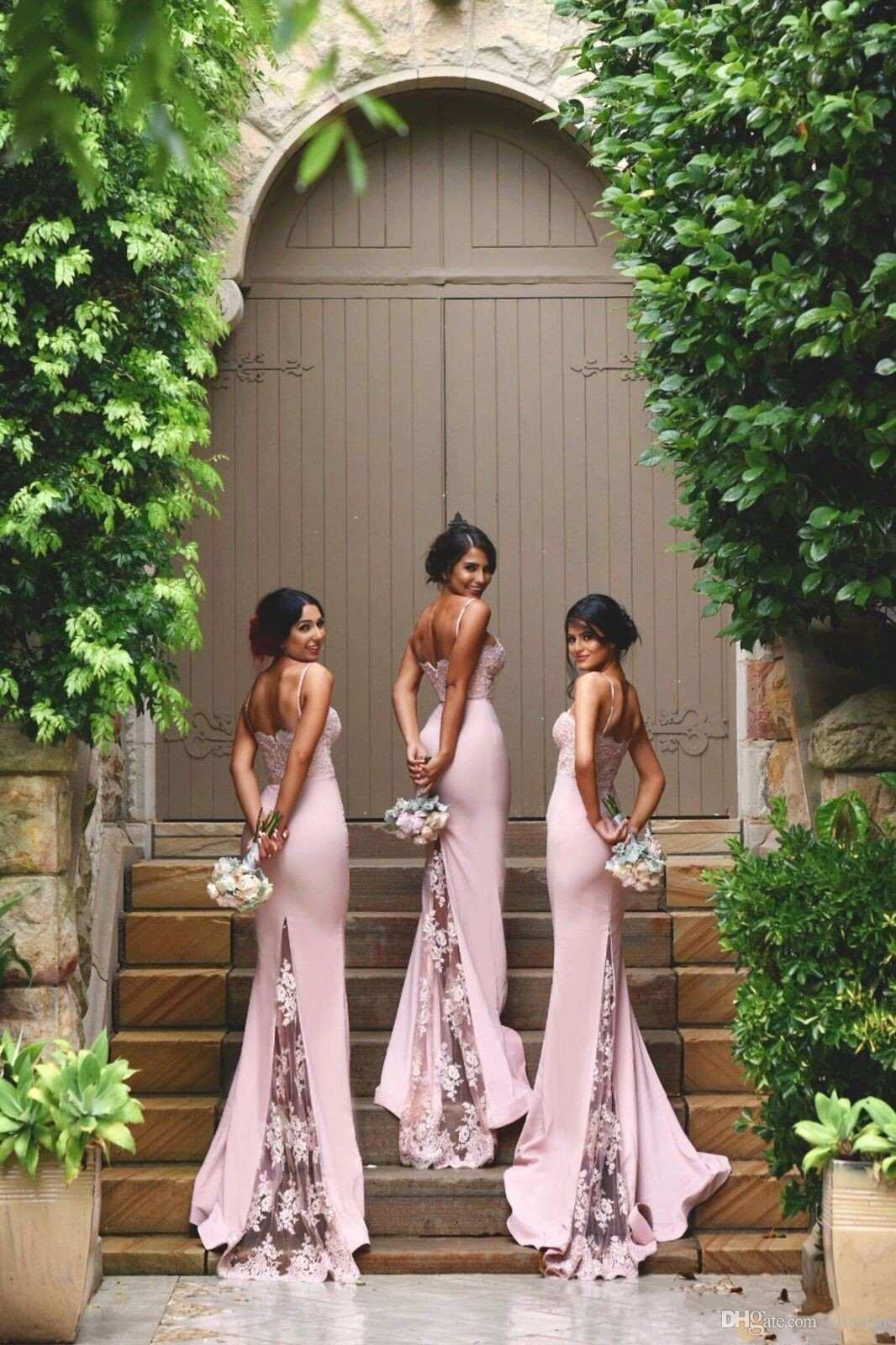 Pink Sexy Mermaid Bridesmaid Dresses Spaghetti Straps Lace Appliques Backless Floor Length Satin Custom Made Cheap Prom Dress Formal Party Wear