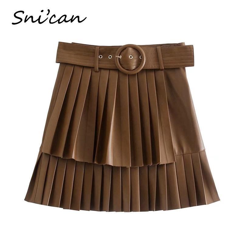 Bown Pu Leather Skirt With Belt Fashion Autumn Sprint Cascading Pleated High Waist Jupe Cuir Femme Women Falda Plisada 220322