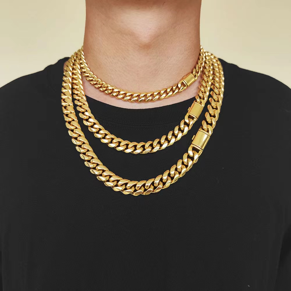 Cuban Link Chain Necklace Bracelet Set 18K Gold Plated Stainless Steel Design Spring Buckle