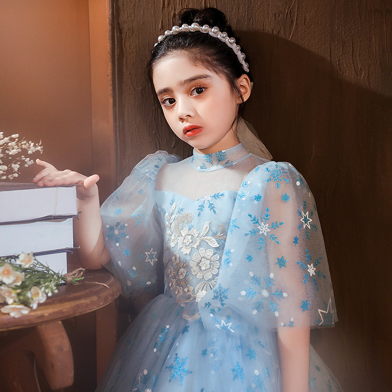 Vintage Lace Ball Gowns Pageant Dresses Off Shoulder 3/4 Long Sleeves Kids Flower Girl Dress Ruffle Sweep Train Sequined Prom Dreses 403