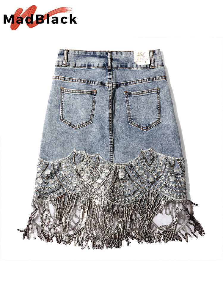 Summer Korean Sexy Women Denim Mini Skirts High Waist Blue Package Hip Jeans Fashion Beading Tassel SKirt B05601 220317