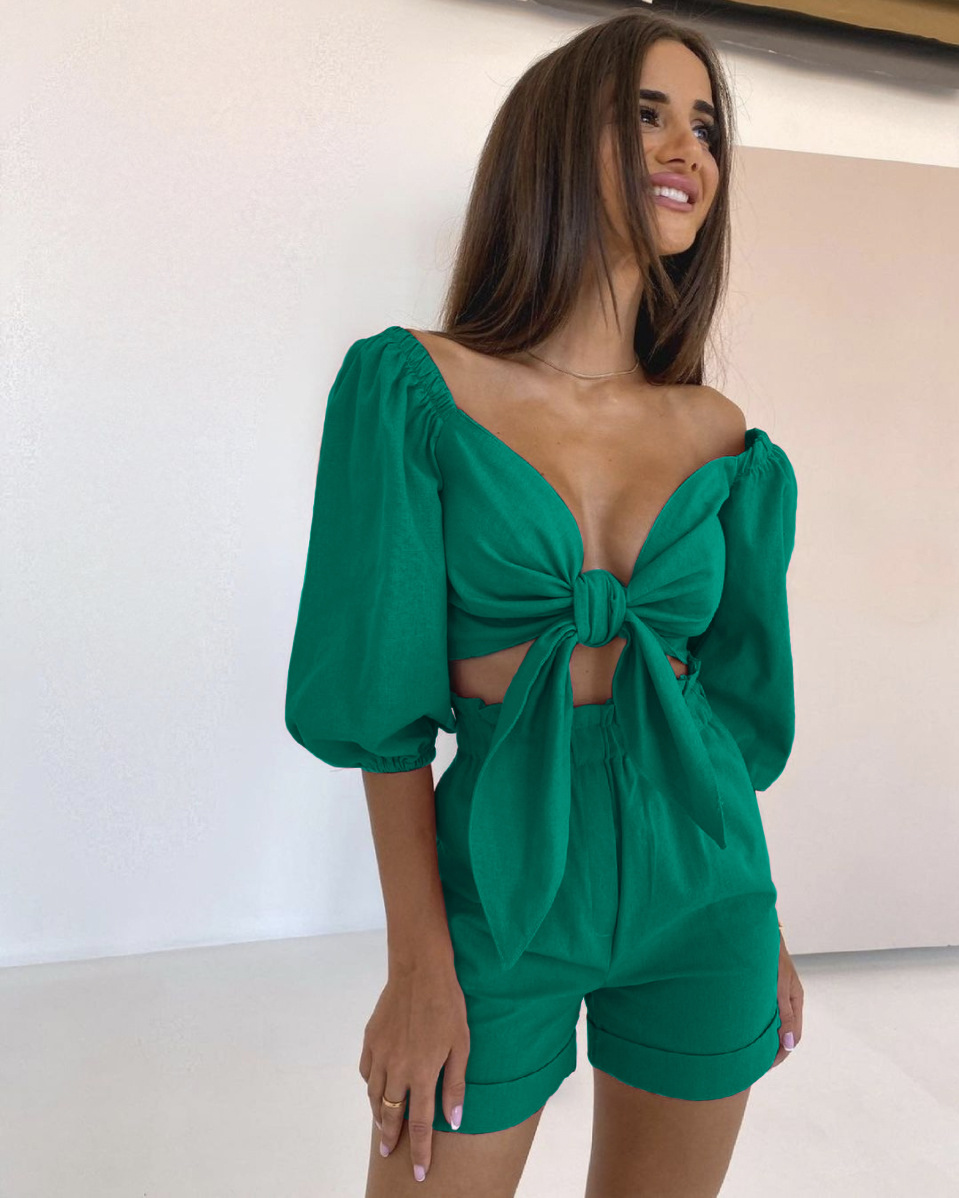 Women' Tracksuits Cropped Cotton Linen Two Piece Set Women Summer V-neck Lace Up Top High Waist Shorts Sets Female Elegant Lady Outfit, Black
Women' Tracksuits Cropped Cotton Linen Two Piece Set Women Summer V-neck Lace Up Top High Waist Shorts Sets Female Elegant Lady Outfit, Black