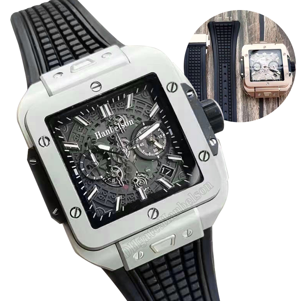 Titanium Mens watch 42mm Square Sports Quick release Rubber Strap Japan Quartz VK64 Movement Black date wheel Luminous wristwatch
