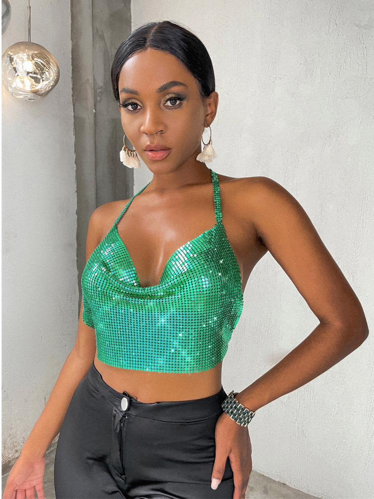 SRUBY Sexy Party Crop Top Sequined Halter Women Summer Beach Club Backless See Through Ladies s 220325