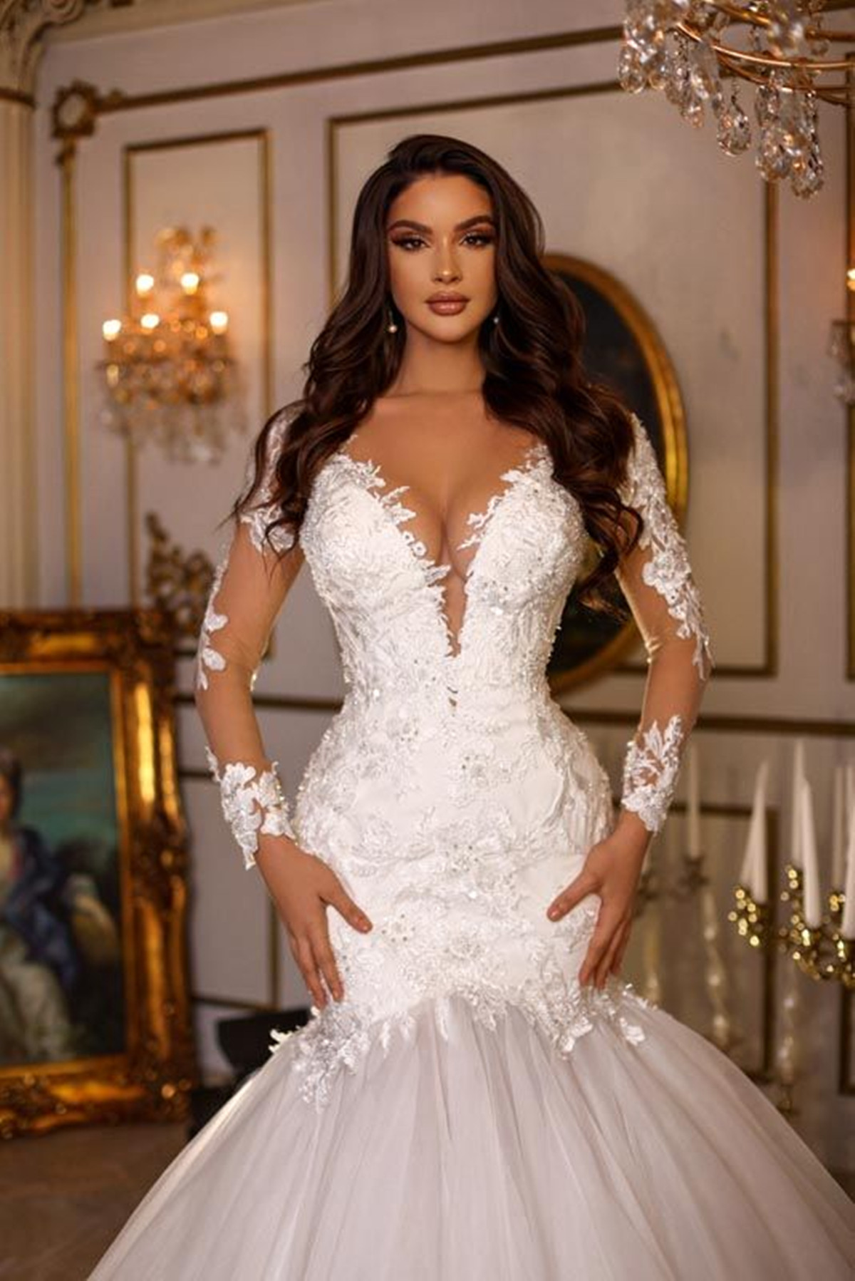Retro Lace Mermaid Wedding Dresses V Neck Illusion Long Sleeves Sexy Covered Button Back White Arabic Marriage Bridal Gowns