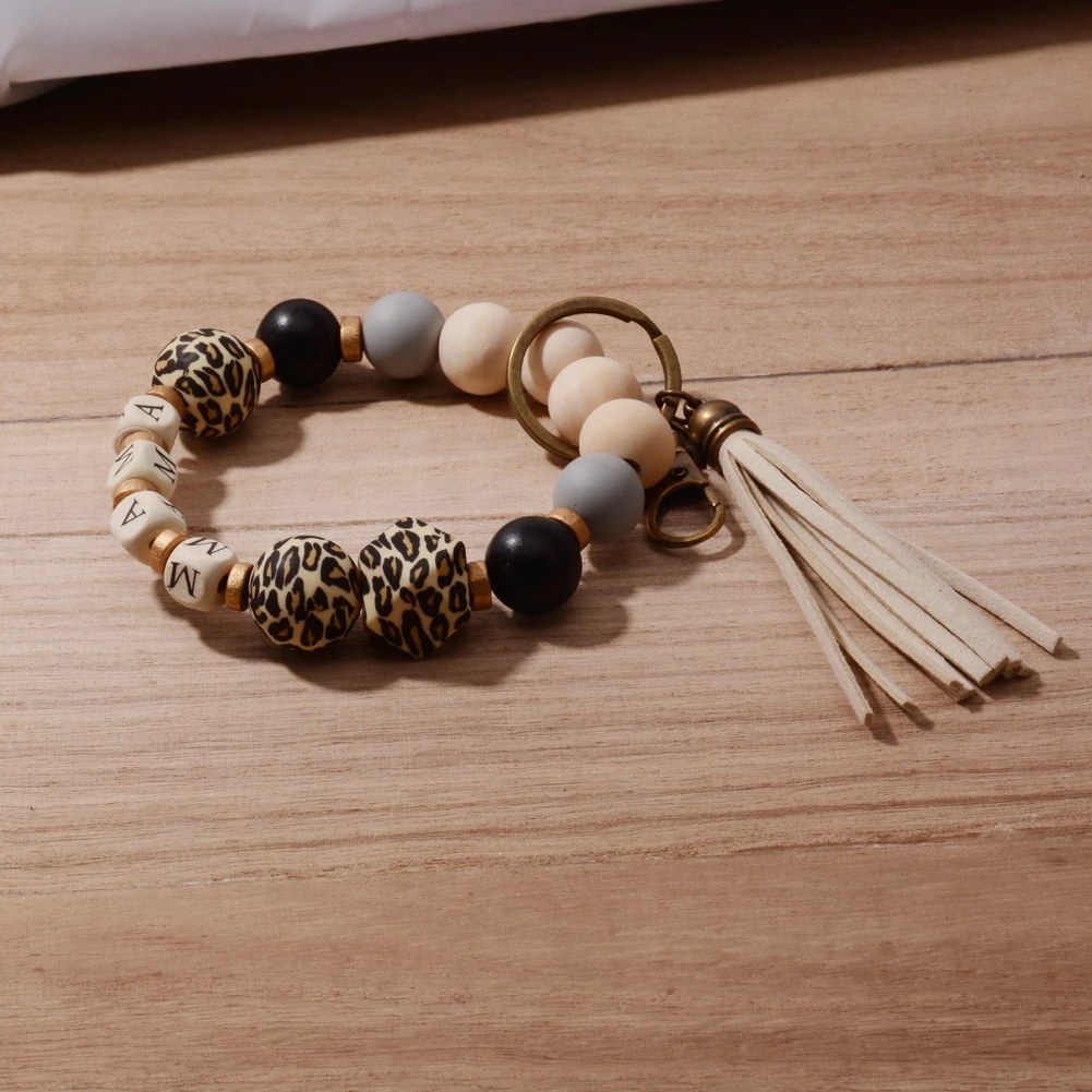 New Leopard Print Silicone Bead Keychain Fashion Bag Pendant Tassel MAMA Letters Bracelet Key Chains