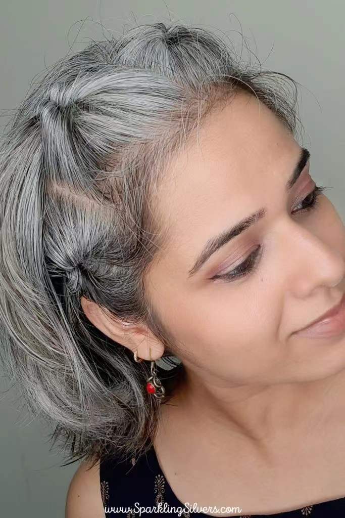 Short gray real hair ponytail hairpiece wraps pony tail silver grey puff bun updo gorgeous for young girl women salt and pepper natural highlights dra