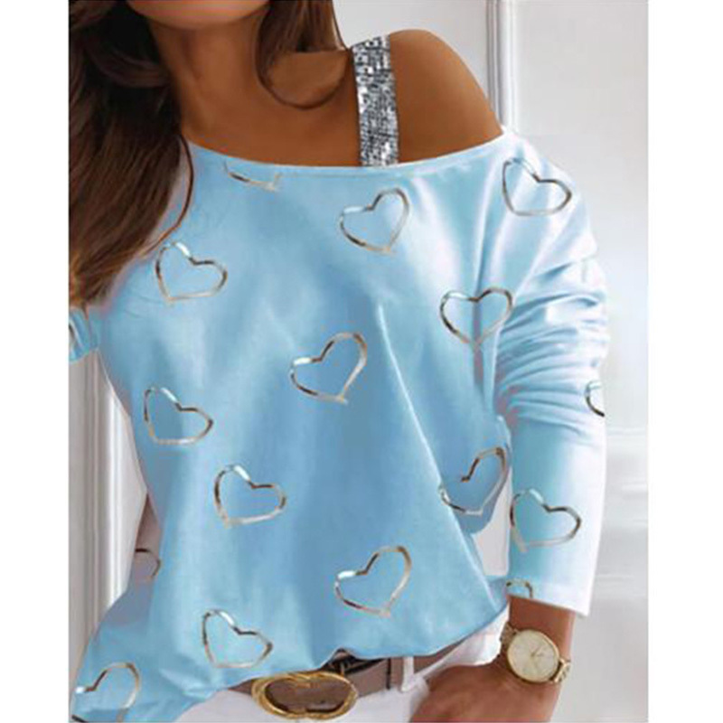Autumn Winter Women Sequined Print Shirts Sexy Plus Size Fashion Loose Off Shoulder Casual Round Neck Long Sleeve Top Streewear 220321