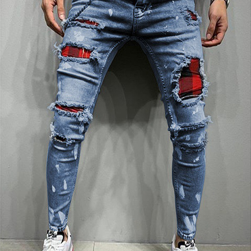 Men Pure Color Grid Jeans Gray Patchwork Hip Hop Pants Slim Fit Elastic Hip-hop Style Pencil 220408
