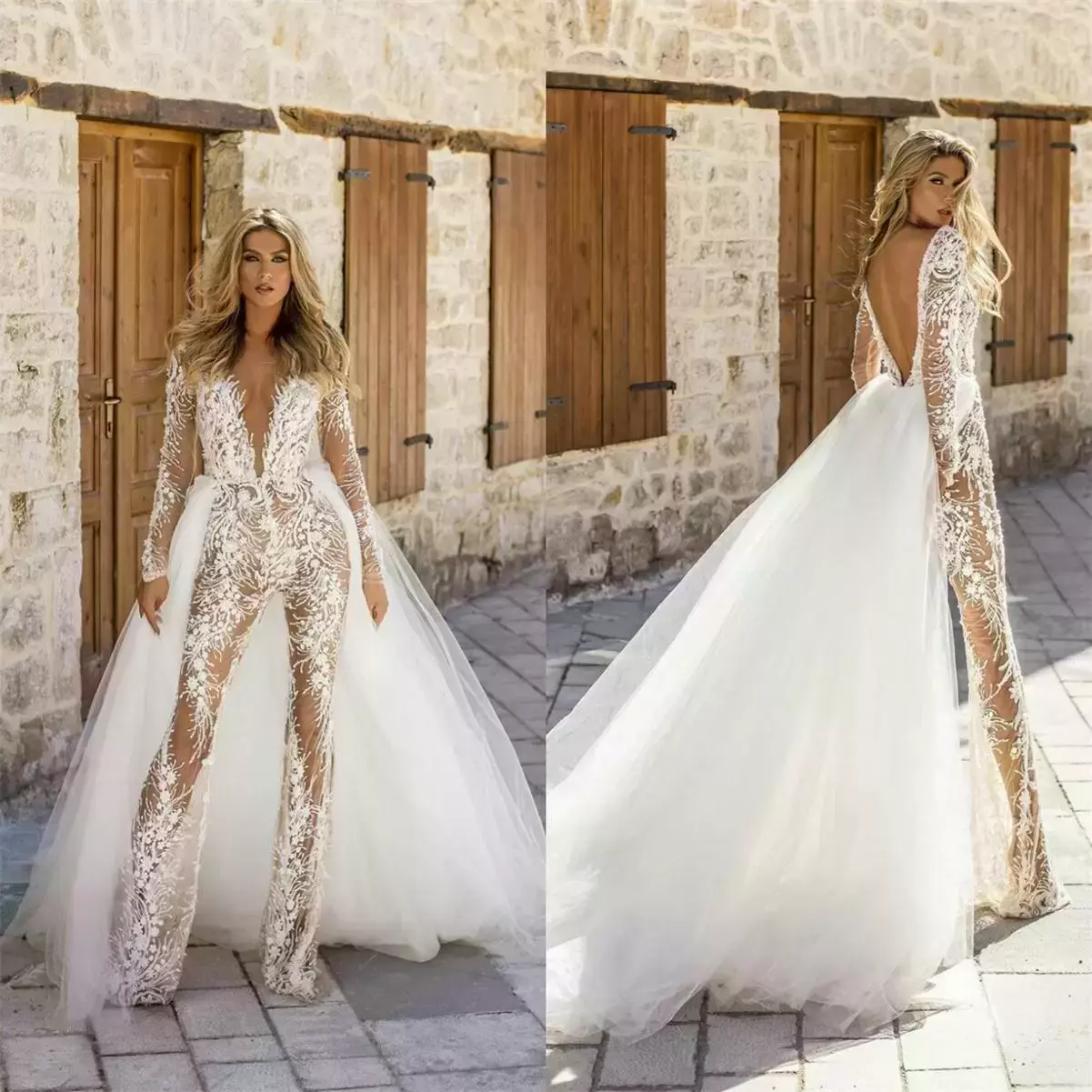 V Deep Neck Lace Jumpsuit See Through Wedding Dresses With Detachable Train Long Sleeve Bridal Gowns Vestido De Novia estido
