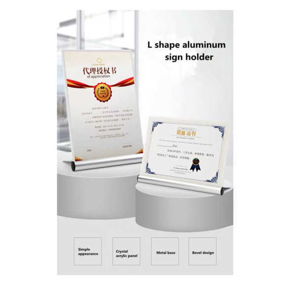 Menu A6 Restaurant Sign Holder L Shape Clear Acrylic Picture Photo Display Frame With Aluminum Base