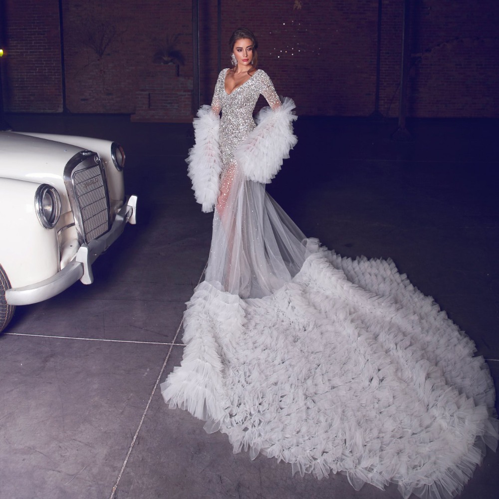 Stunning Silver Prom Dresses Pearls Sequined Illusion Sheer Evening Dress Custom Made V Neck Multilayered Ruffles Party Gown