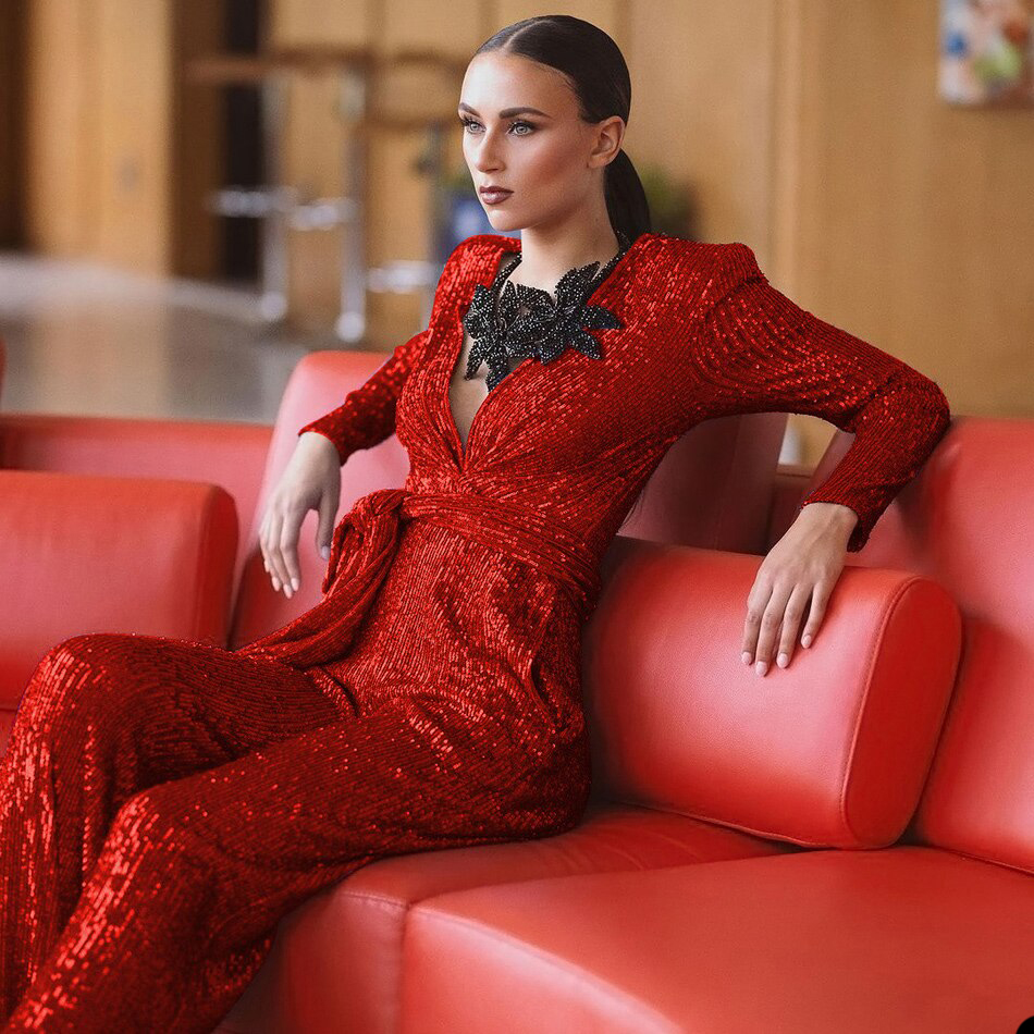 Sexy Red Sequins Evening Dresses Sequined Full Sleeves Modest Jmpsuits With Belt Custom Made Prom Gowns