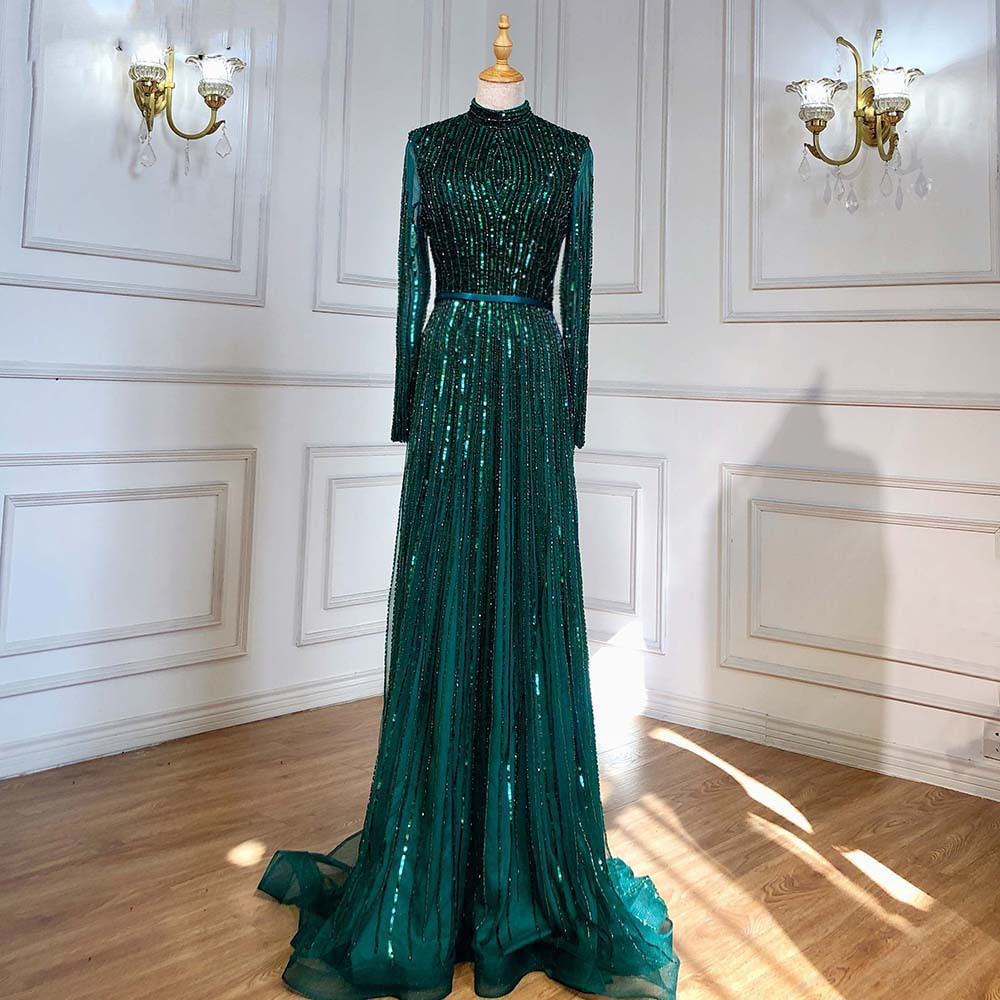 Burgundy Arabic Long Sleeve Evening Dresses 2022 Sparkly Beaded Flowy Skirt High Neck Dubai Aso Ebi Luxury Prom Dress Yousef Aljasmi