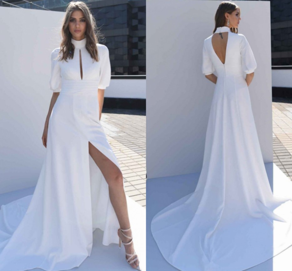 Sexy White Wedding Dresses Short Sleeve Bridal Dress High Split Satin Sweep Train Simple Robe Mariage Vestidos De Noiva