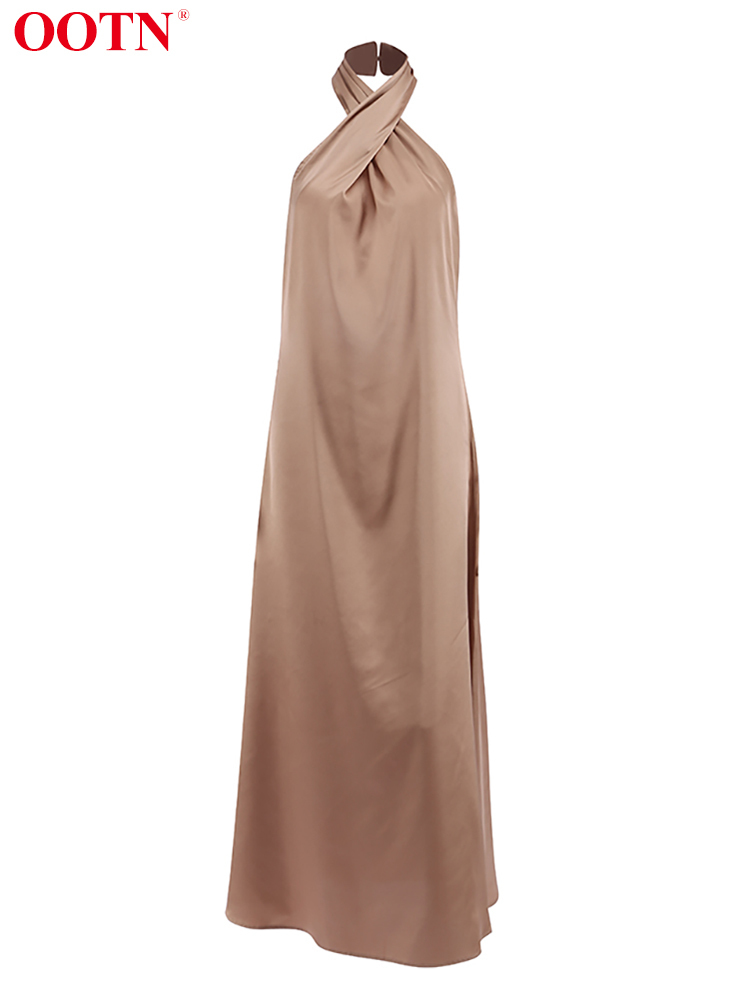OOTN Sexy Cross Backless Halter Dress Evening Elegant Satin Classic Dress Fashion A-Line Brown Robes Femme Silky Summer 220511