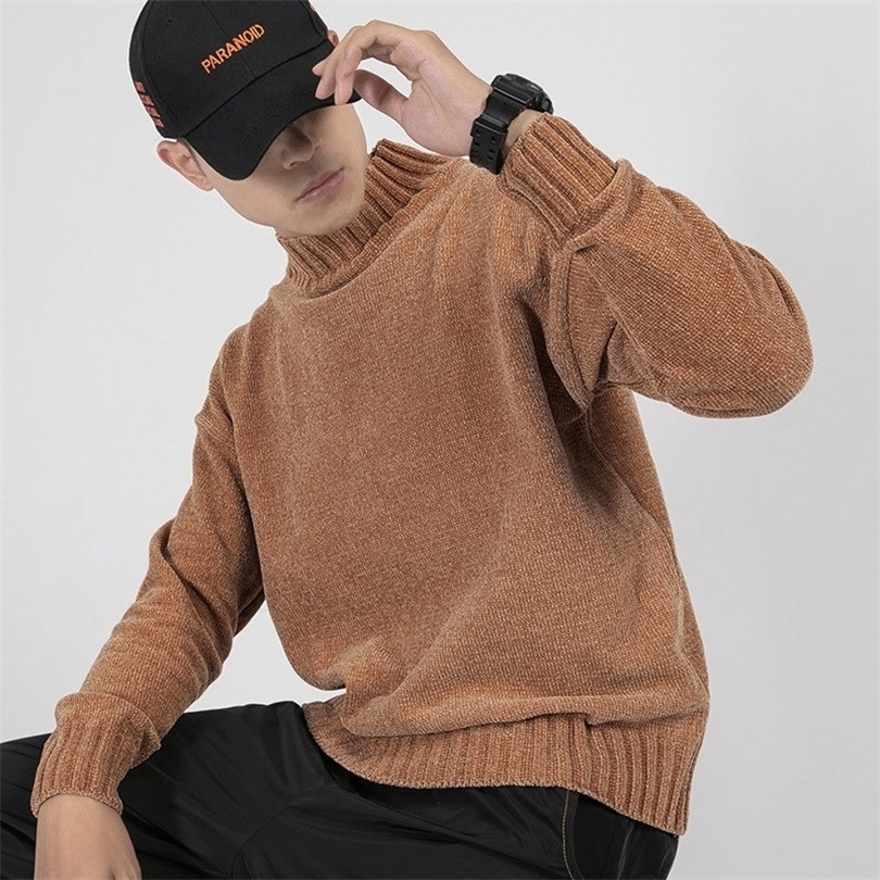 Fashion Half Turtleneck Sweater Men Solid Loose Casual Streetwear Pullover Japanese Male Clothing Autumn Chenille Knitted Tops 201125