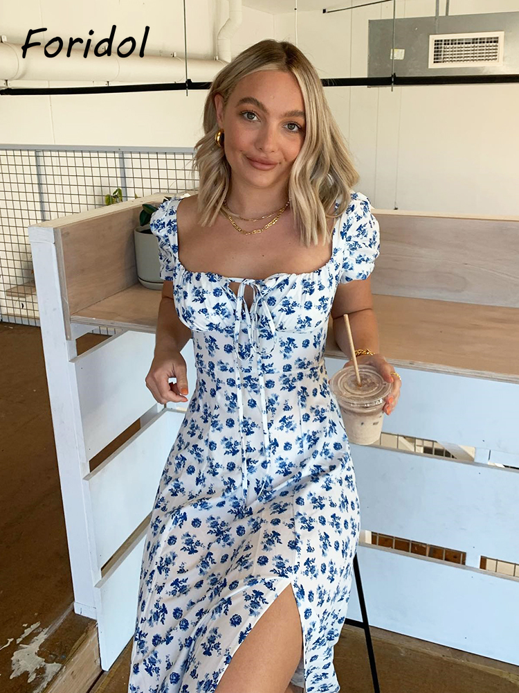 Foridol Floral Print Summer Dress Women Boho Slit Maxi Long Dress Vintage Beach Dress Puff Sleeve A-line Blue Sundress 220511