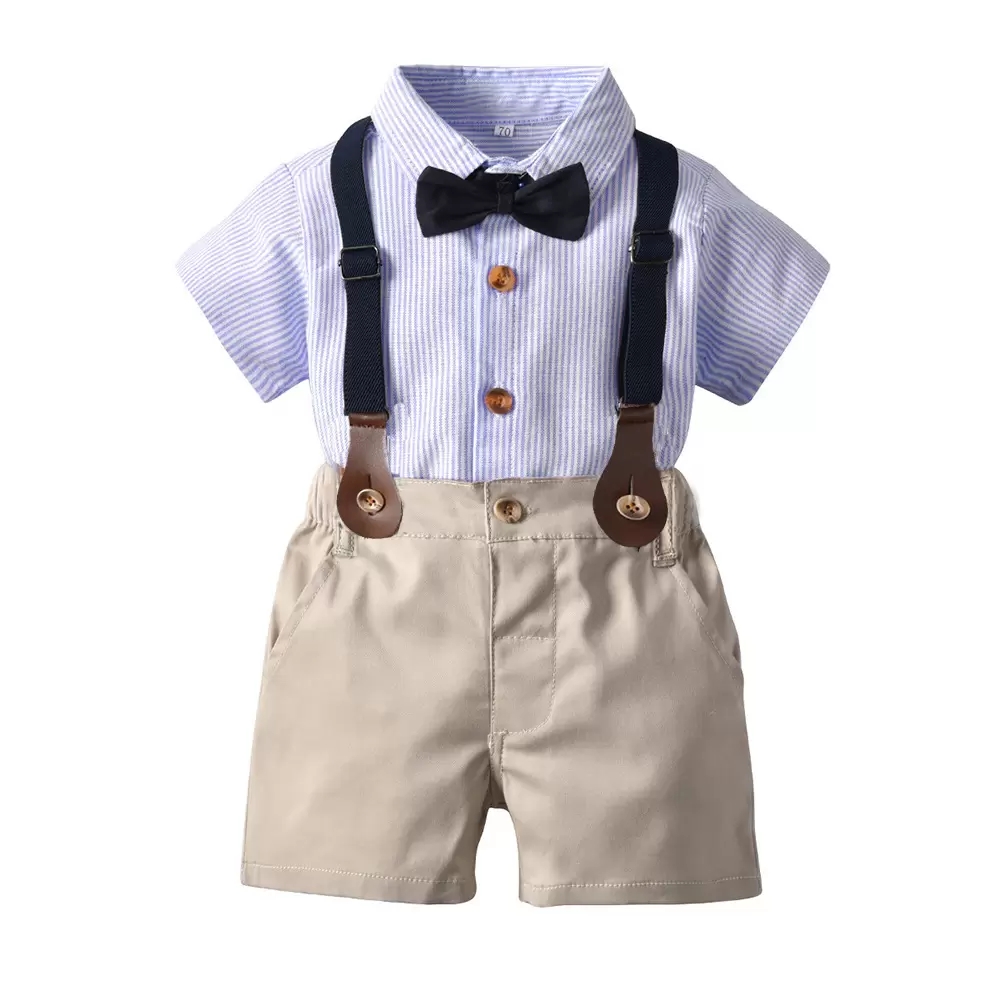 Boys performance sets children Bows tie stripe lapel short sleeve shirt suspender shorts 2pcs summer kids casual outfits