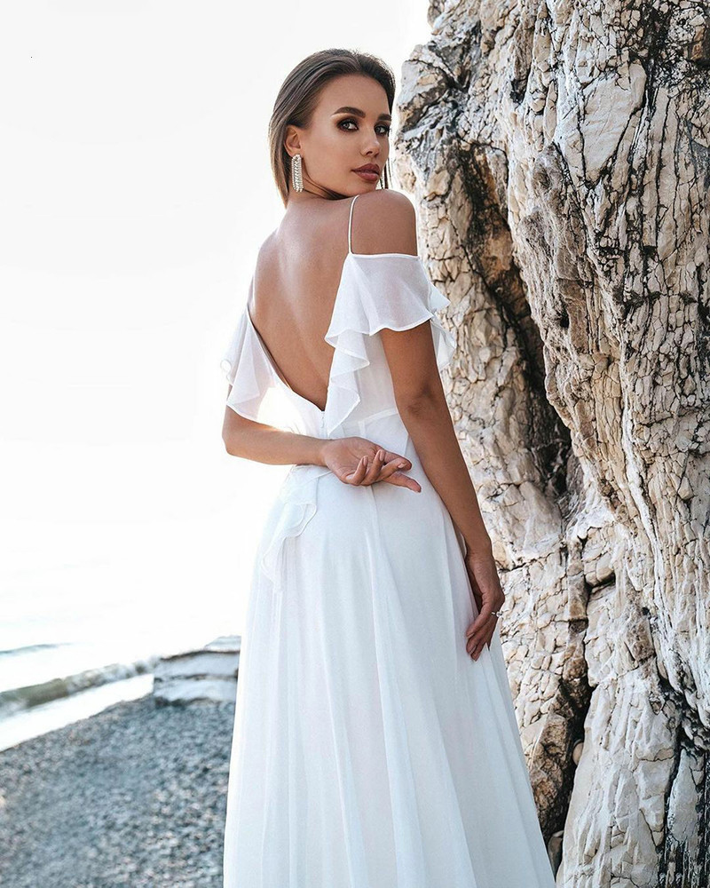 Vintage White Chiffon Ruffles Wedding Dress Summer Long Boho Bridal Gowns 2022 Off The Shoulder Formal Robe De Mariée Open Back Beach Bride Dresses