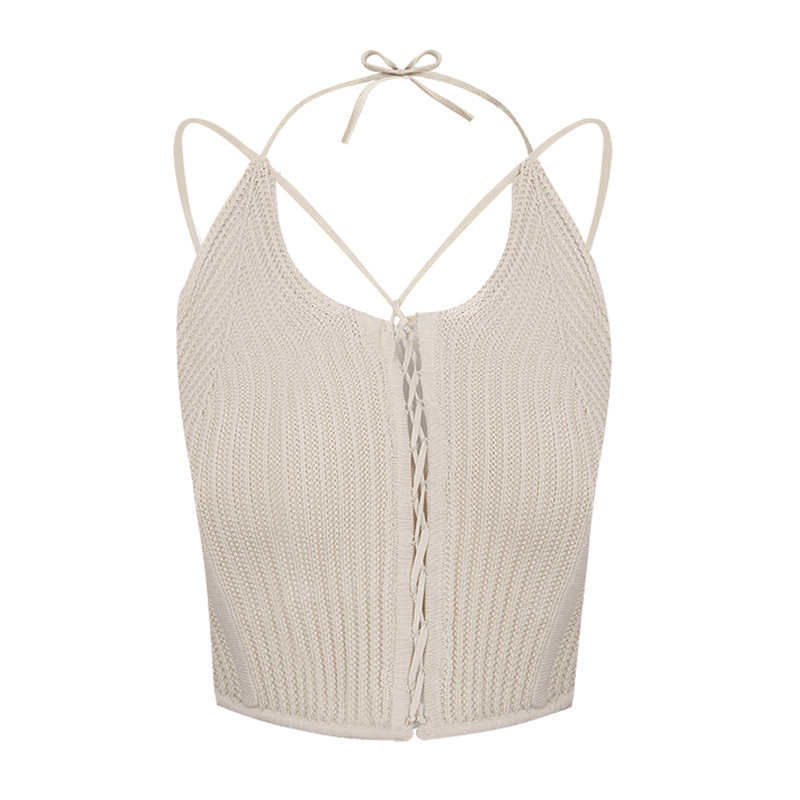 DEAT Women Knitted Bandage V-neck Halter Elasticity Camis Arrivals Sexy Temperament Fashion Spring Summer 11D958 220325