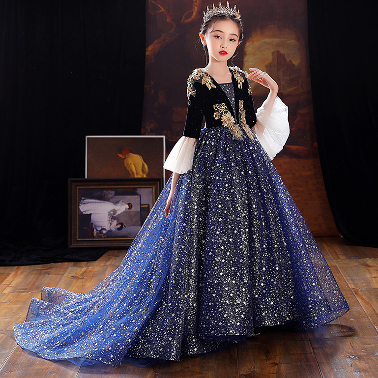 Red Blue Lace wer Girl Dresses Princess Jewel Neck Tulle Applique Puffy ral Formal Wears Little Kids Party Communion Pageant Gown 403