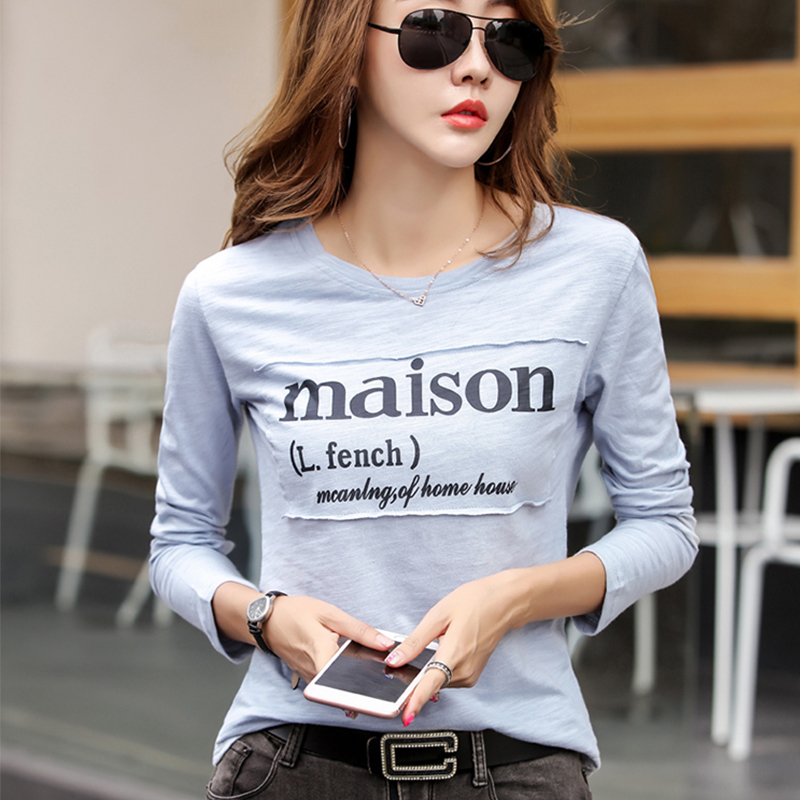 Spring Korean Long Sleeve T Shirt Solid Color Bamboo Cotton Winter Blue Shirts Loose Coffee Letter O Neck Tops 220728