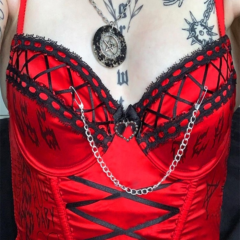 Chain Women Emo Cyber Y2k Corset Fairy Grunge Camis Red Lace Up Alt Crop Tops Punk Style Camisole Sexy Letter Print Bustier Goth 220316