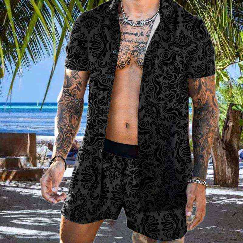 Shirt with Shorts Men Suit Summer Flower Shirt Shorts Loose Fashion Running Leisure Track Suit Casual Beach Two Pieces Set G220414