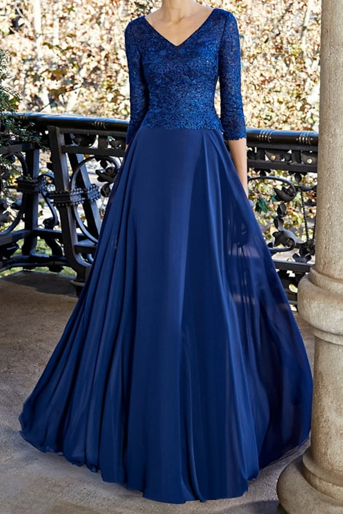 Navy Blue Lace Chiffon Mother of the Bride Dresses V Neck 3/4 Long Sleeves Floor Length Party Prom Gowns
Navy Blue Lace Chiffon Mother of the Bride Dresses V Neck 3/4 Long Sleeves Floor Length Party Prom Gowns