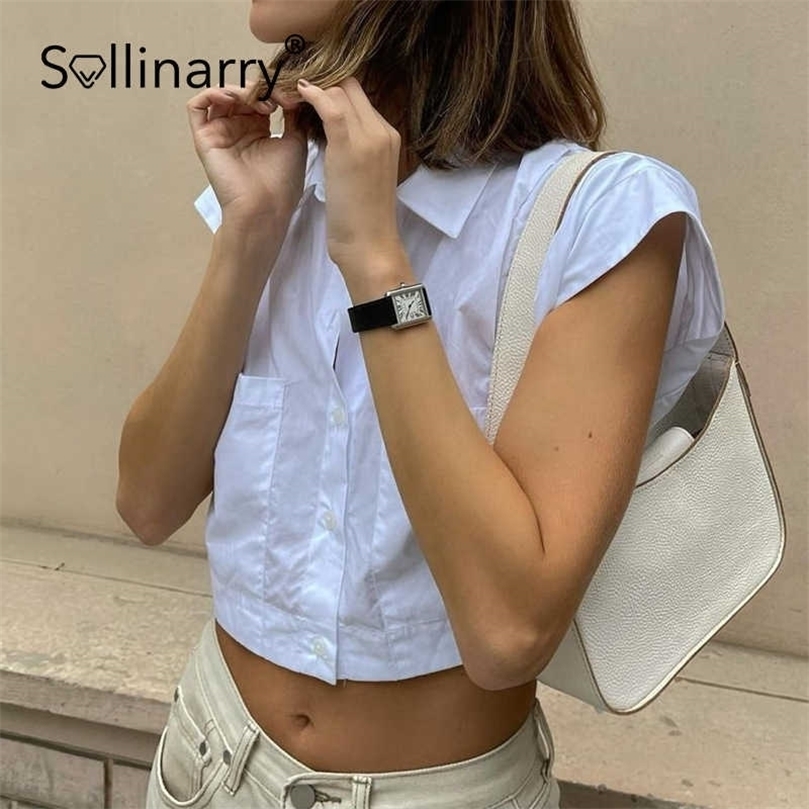 Sollinarry Casual solid white short button blouse High street sleeveless pocket women shirts summer Sexy female crop tops 210709
Sollinarry Casual solid white short button blouse High street sleeveless pocket women shirts summer Sexy female crop tops 210709