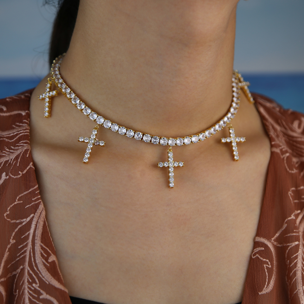 drop ship Women Hip Hop Iced Out Cross charm Pendant cz paved Tennis Chain choker Pendant&Necklace for women wedding Jewelry 7479