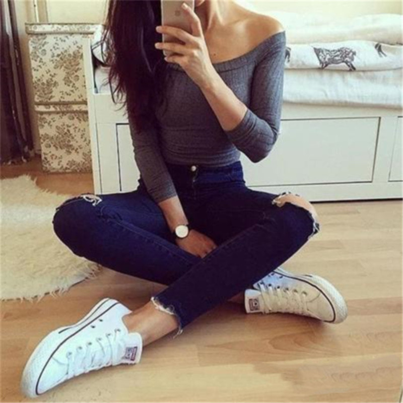 Women Off Shoulder Crop Top T Shirts Long Sleeve Short shirts For Clothing Fashion Black shirt Tops Tees Korean Style 220714