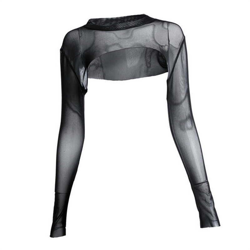 Women Sexy Long Sleeve See Through Mesh Fishnet Crop Top Tee Shirt Sheer Black Short Shirt 220516