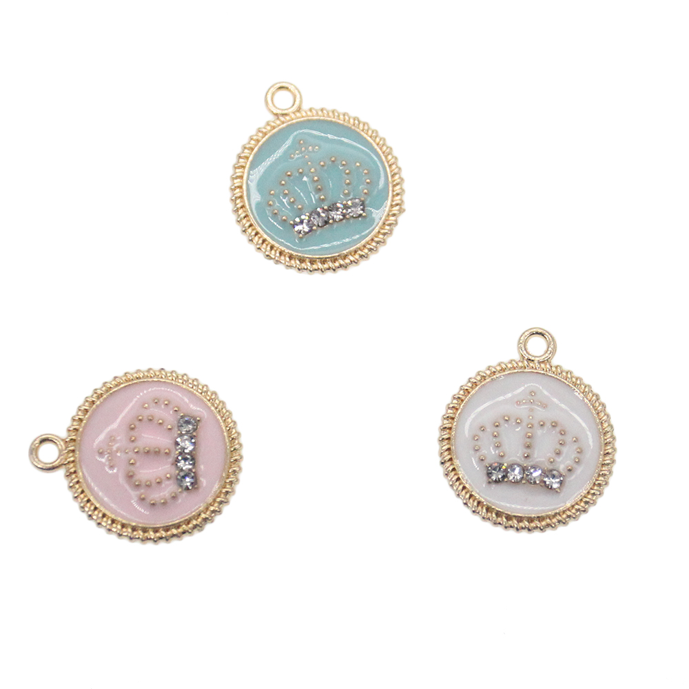 20pcs Cute Small Mix Color Silver /Gold Plated DIY Craft Charms For Kids Enamel Rhinestone Round Shape Crown Pendant Charm For Bracelet /Necklace Maki