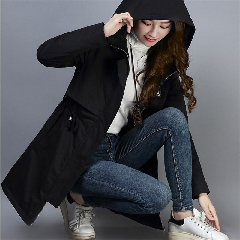 Lining Windbreak Spring Autumn Female Jacket Slim Women Basic Coats MidLong Casual Tops Hooded Black Zipper vintage 220812