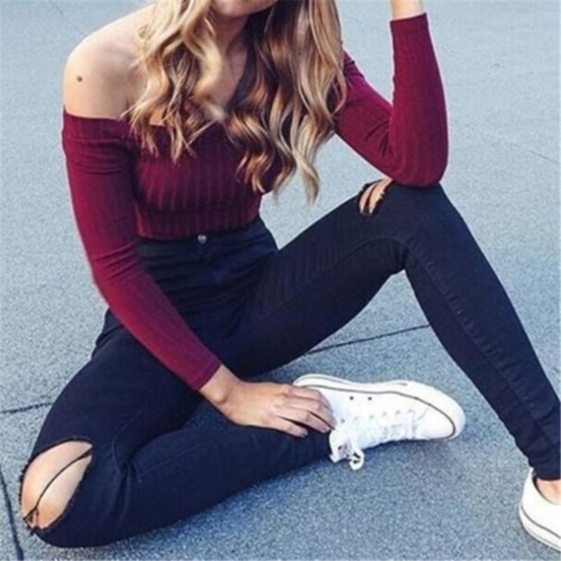 Women Off Shoulder Crop Top T Shirts Long Sleeve Short shirts For Clothing Fashion Black shirt Tops Tees Korean Style 220714