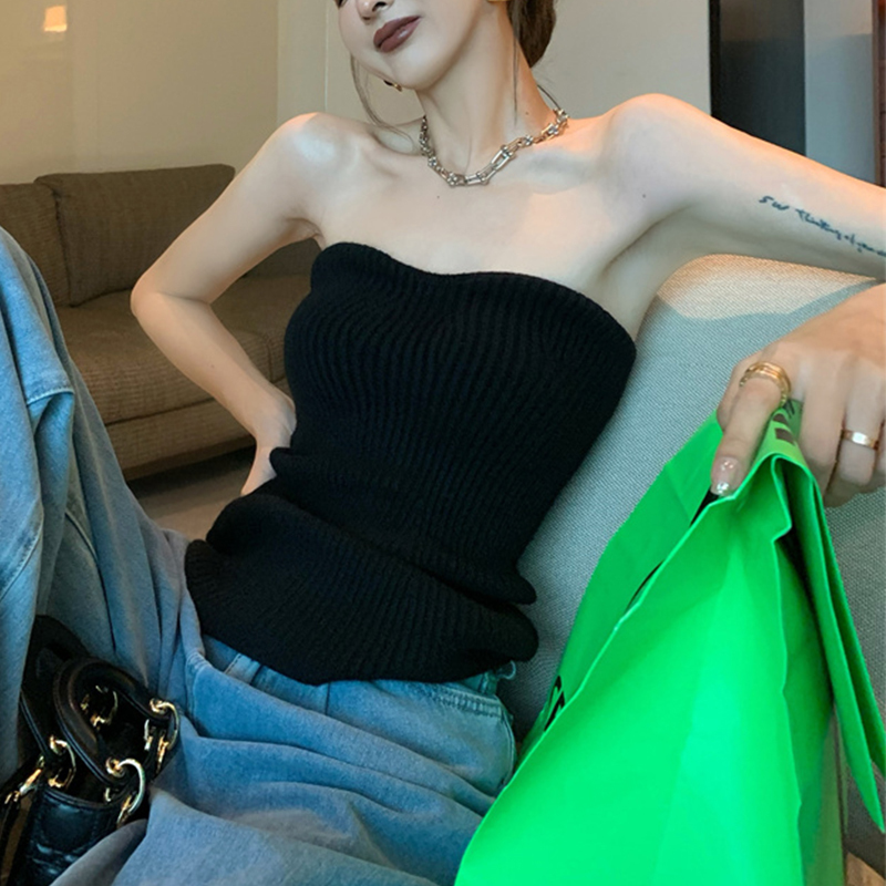 FORYUNSHES Ribbed Sexy Strapless Corset Top Solid Color Knitted Slim Camisole Autumn Korean Fashion Harajuku Y2K Clothes 220325