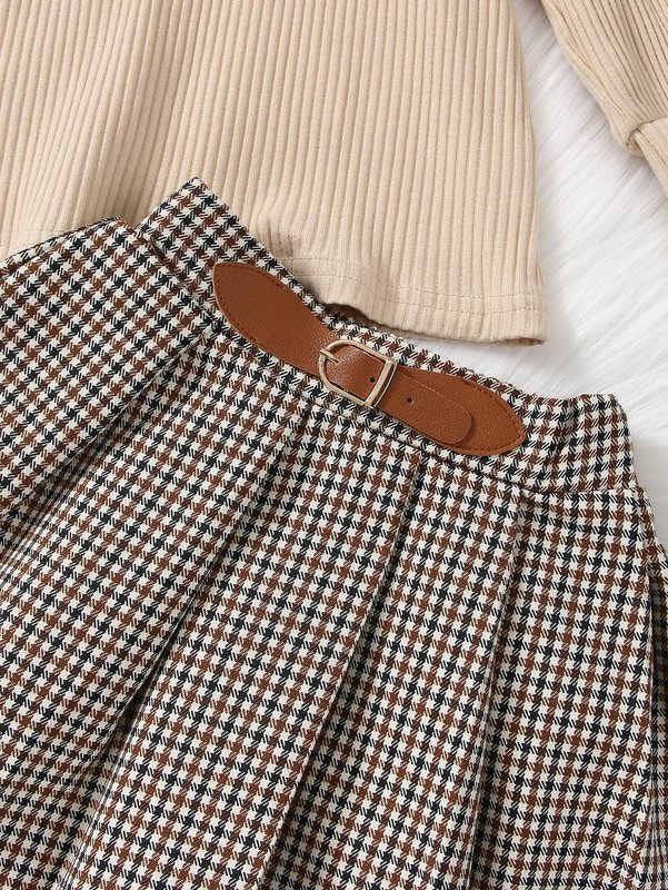 Toddler Girls Turtleneck Lantern Sleeve Sweatshirt & Plaid Print Buckle Skirt SHE