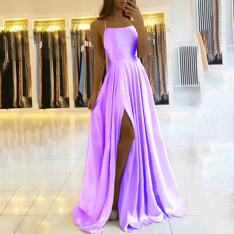 Satin Dresses Evening Dress prom party Robe De Formal Dress simple Spaghetti Sexy Slit