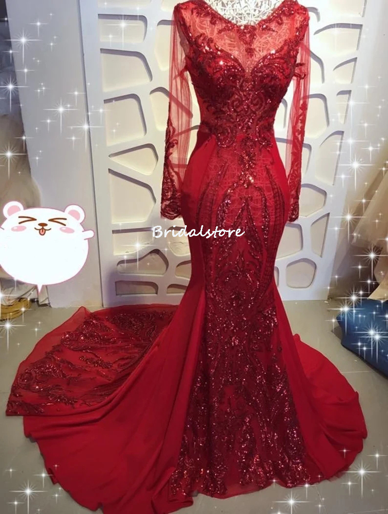Bling Red Sequin Mermaid Prom Dresses 2022 Real Pictures Long Sleeve Black Girls African Plus Size Evening Dress Glitter Party Formal Dresses Robes De