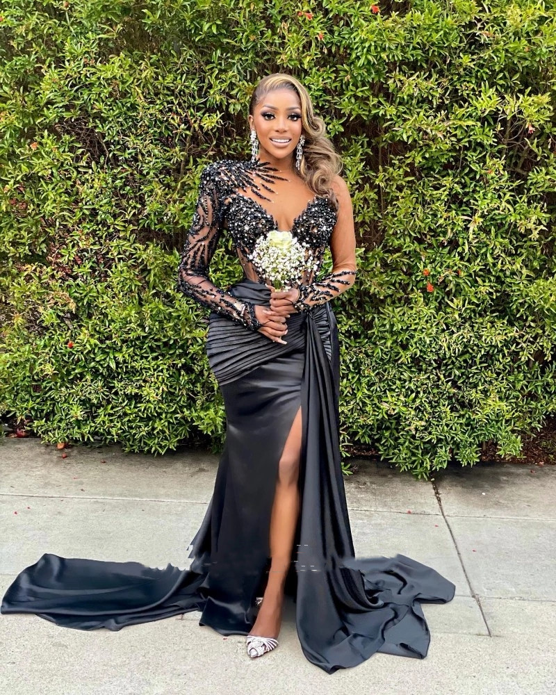 Black Lace Mermaid Evening Dress With Applique Beading, Long Sleeves, Split Front For Bridal Party