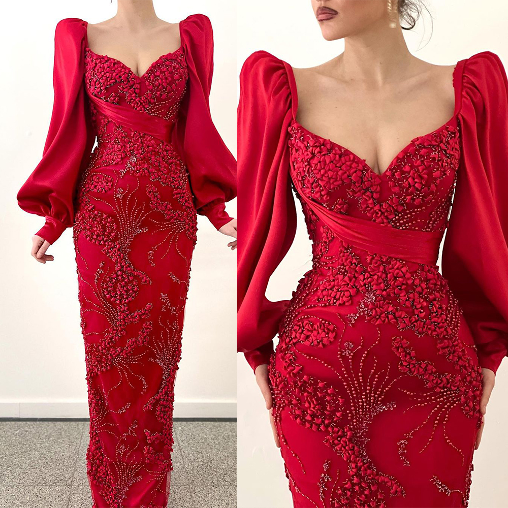 Exquisite Red Prom Dresses Sweetheart Puffy Long Sleeves Evening Dress Custom Made Lace Appliques Beading Party Gown Unique
