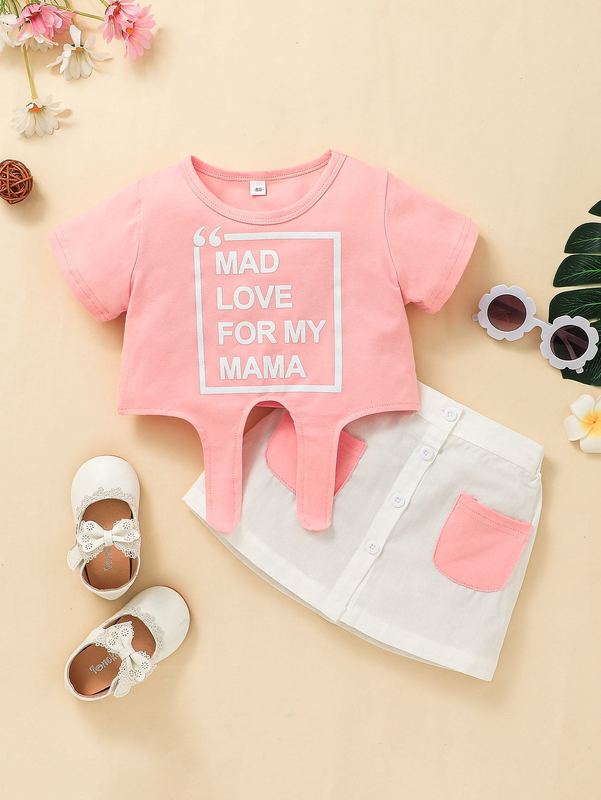 Toddler Girls Slogan Graphic Asymmetrical Hem Tee & Dual Pocket Skirt SHE