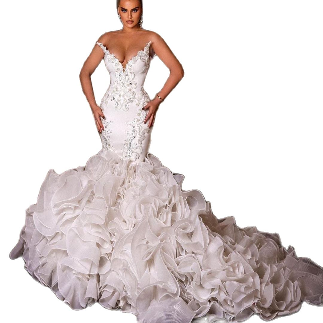 Luxury Ruffles Train Wedding Gowns Custom Made Lace Beaded Bridal Dress Chapel Train Gorgeous Nigerian Arabic Marriage Robe De Mariee