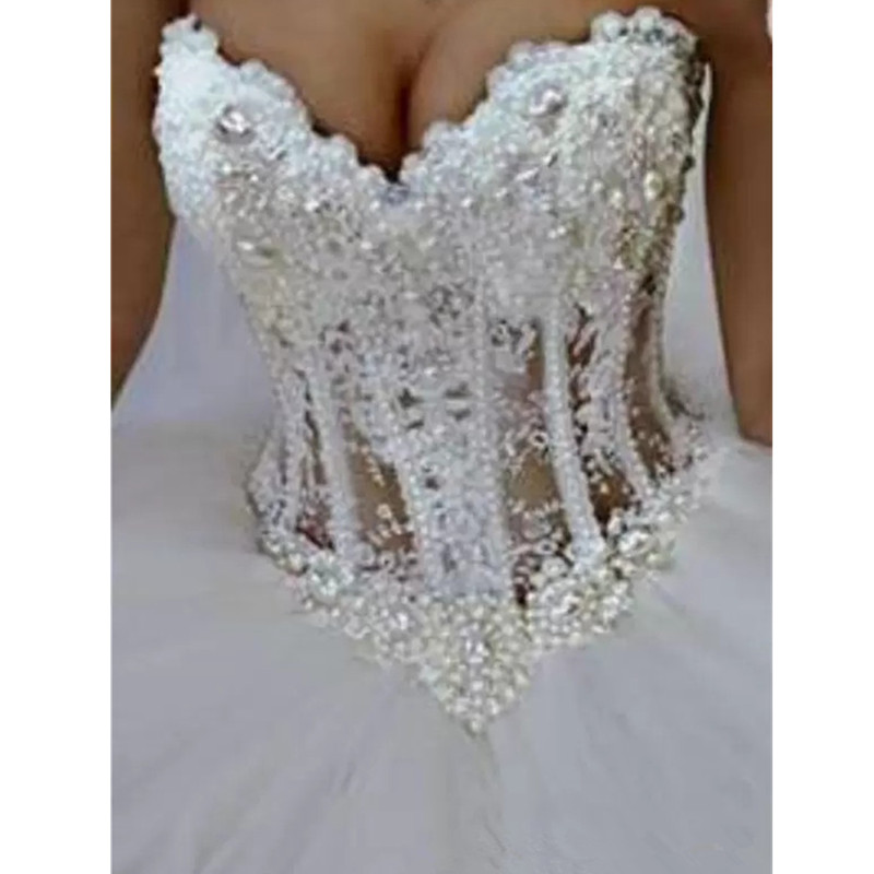 Arabic Sweetheart Corset See Through Princess Bridal Gowns Beaded Lace Pearls Custom Made Ball Gown Wedding Dresses Vestido De Noiva