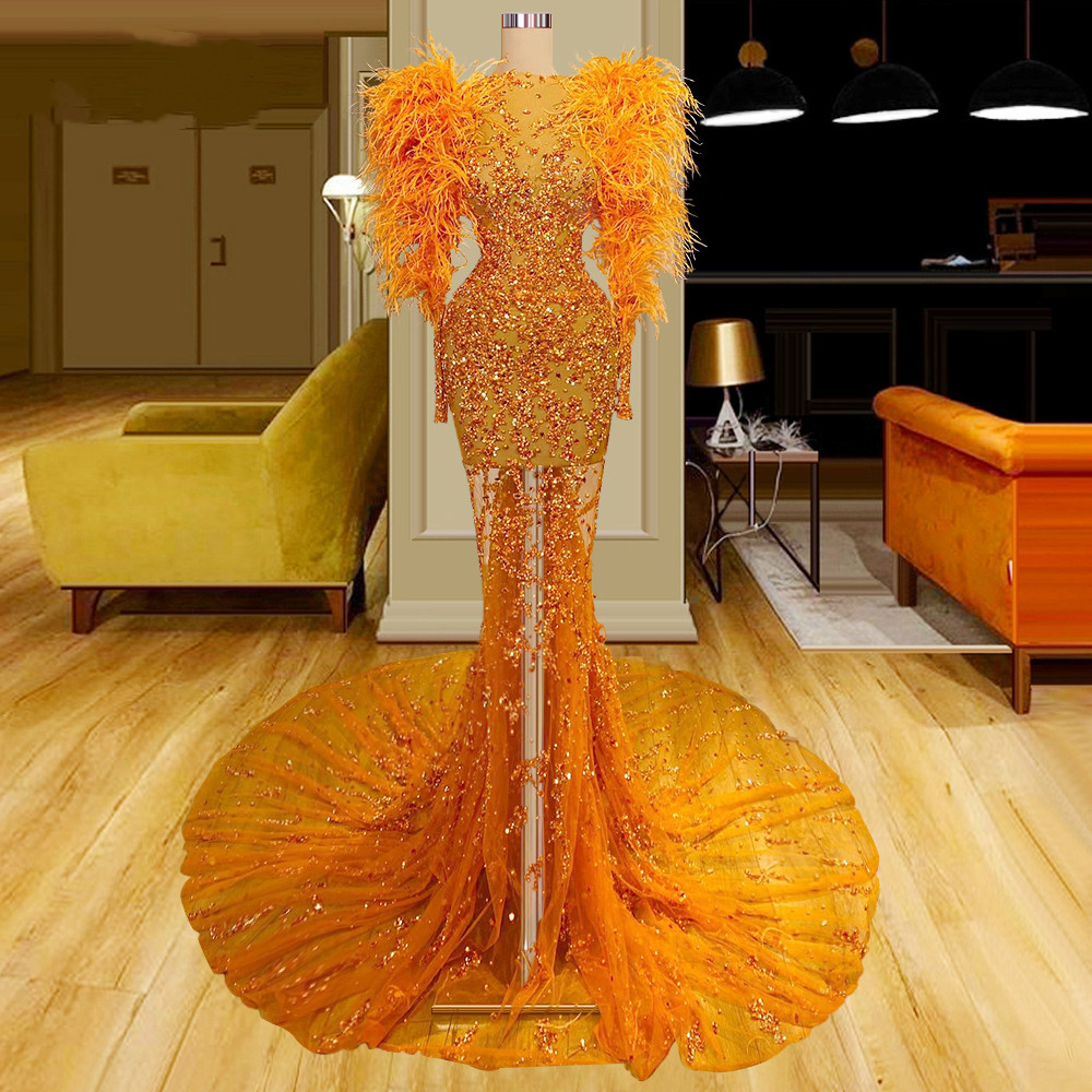 Orange Mermaid Evening Dresses High Neck Long Sleeves Feather Lace Hollow Floor Length Train Lace Ruffles Hollow Appliques Sequins Beads Prom Dress Ve
