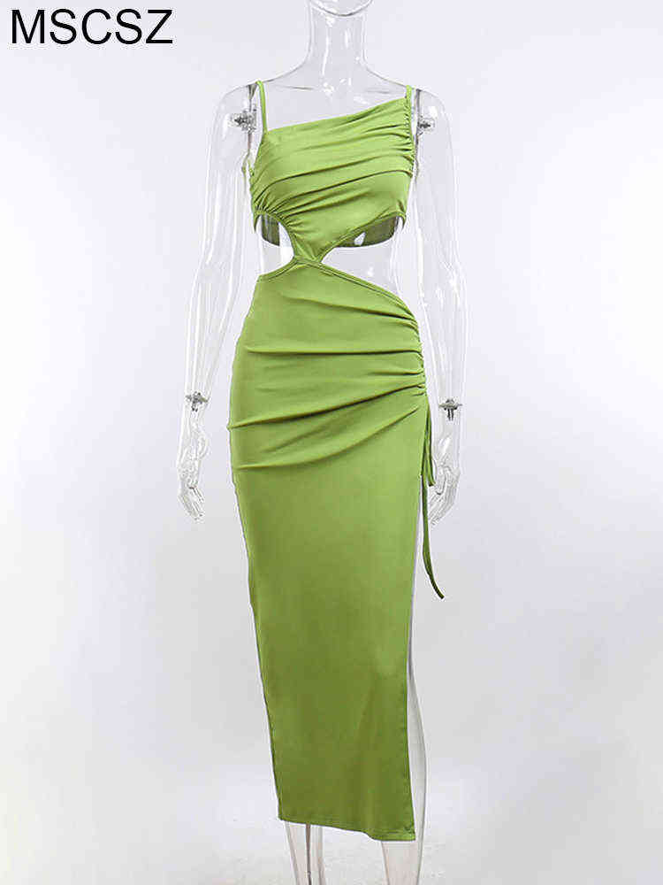 Spaghetti Strap Cut Out White Summer Dress Women Backless Ruched Sexy Long Beach Party Dress Bodycon Maxi Dress Green T220816