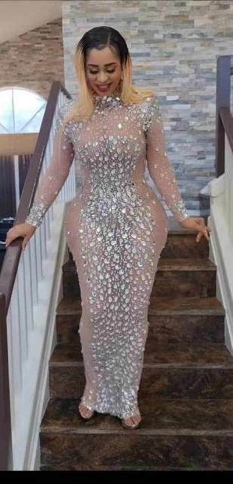 Sparkly Big Rhinestone Prom Dresses with feather Transparent Long Sleeve Birthday Celebrate Luxurious Costume Dancer Flashing evening gown