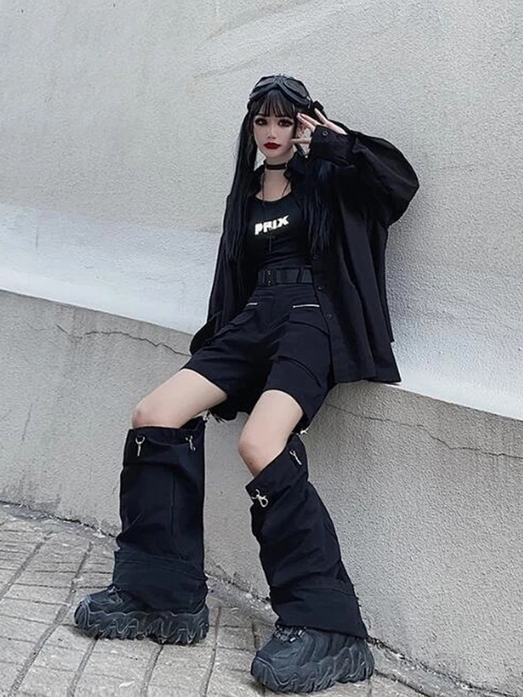 QWEEK Techwear Gothic Black Cargo Pant Streetwear Hollow Out Punk Wide Leg Oversize Pockets Trousers For Female Hip Hop 220325